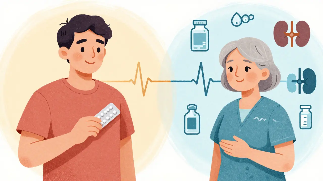 Split illustration: young healthy man taking macrolide vs. elderly woman with multiple risk factors and dangerous ECG reading.