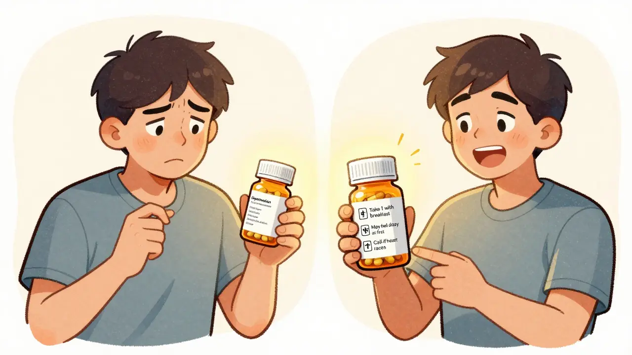 Split image showing confusing medical labels vs. clear plain-language instructions for pills.