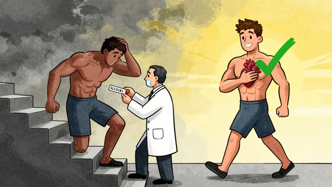 Split scene: patient struggling with muscle pain vs. thriving on safer statin, with genetic test and doctor.