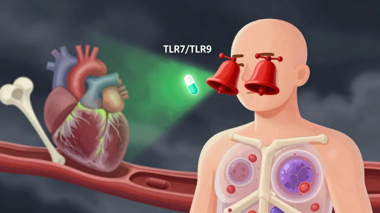 Transparent body showing immune cells with muffled alarm bells, pill reducing inflammation in joints.