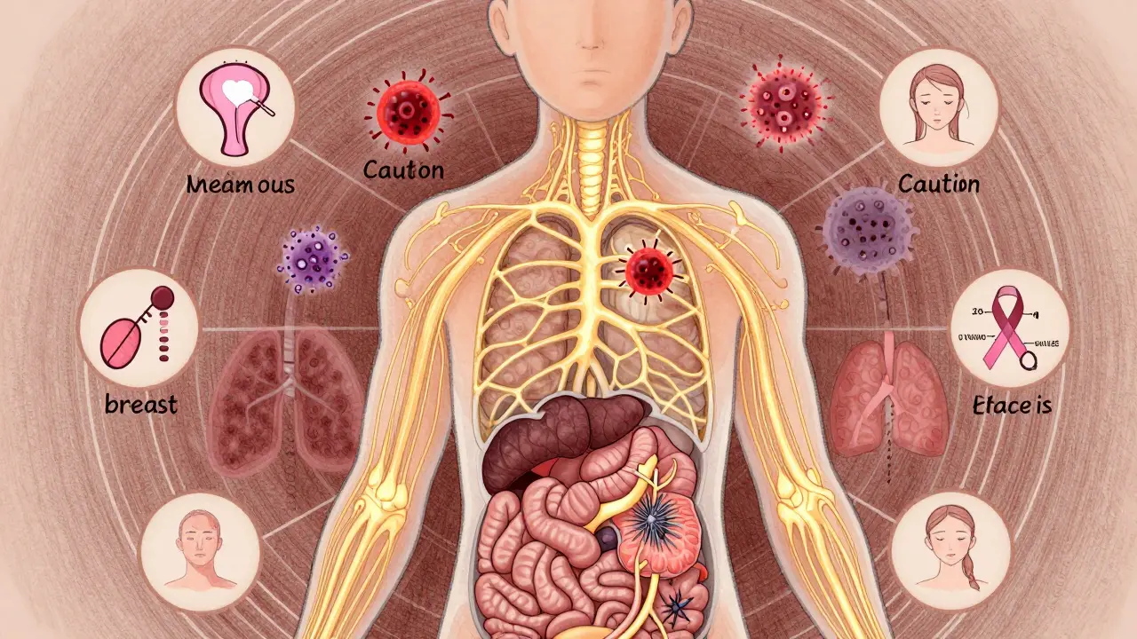 Transparent human body showing immune system glowing safely, with caution icons for melanoma and leukemia.