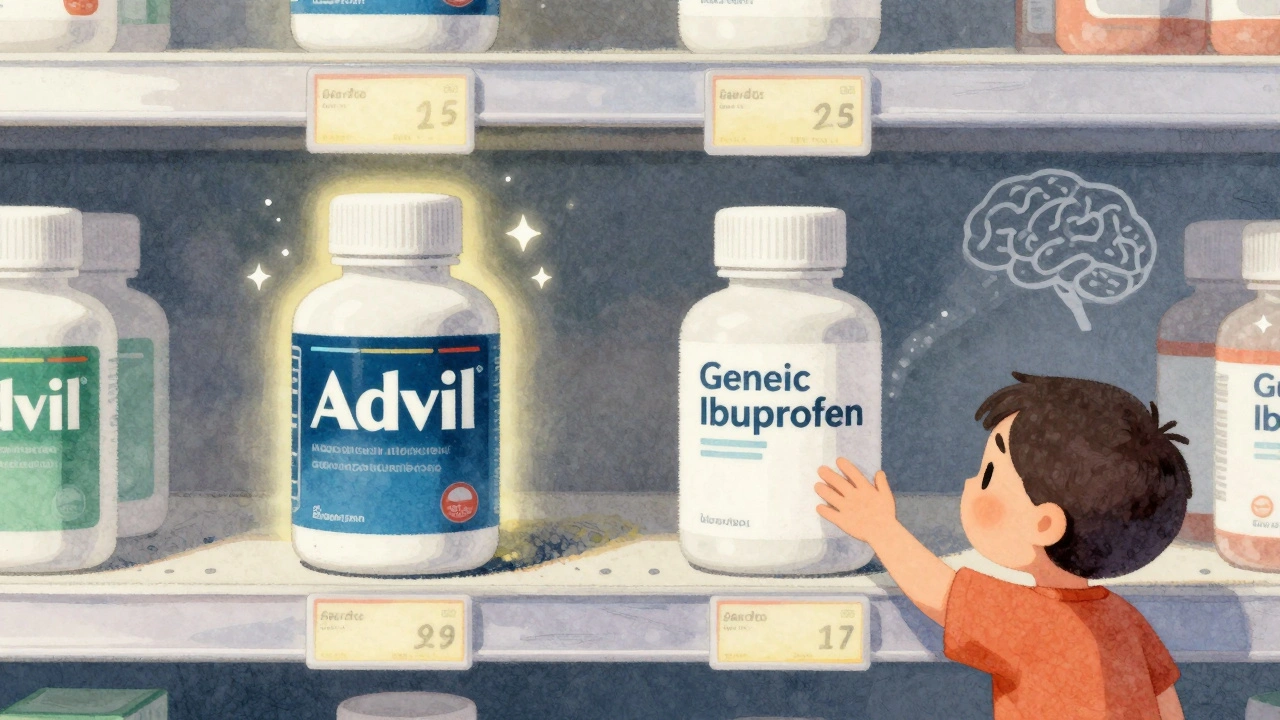 Two identical pill bottles on a shelf, one with premium packaging and a glowing aura of relief, the other plain with faint sparkles, illustrating perception-based outcomes.