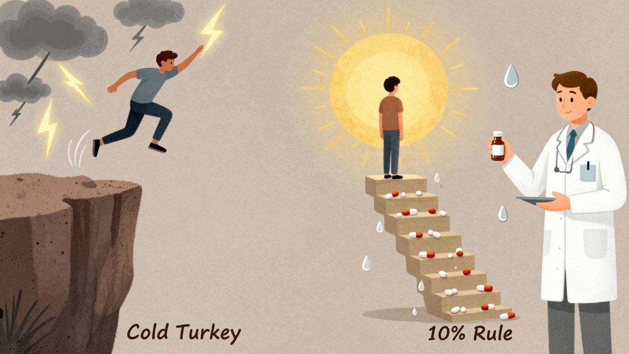Two paths: one with a person falling off a cliff labeled &#039;Cold Turkey&#039;, another walking slowly down a pill staircase under a sunrise.