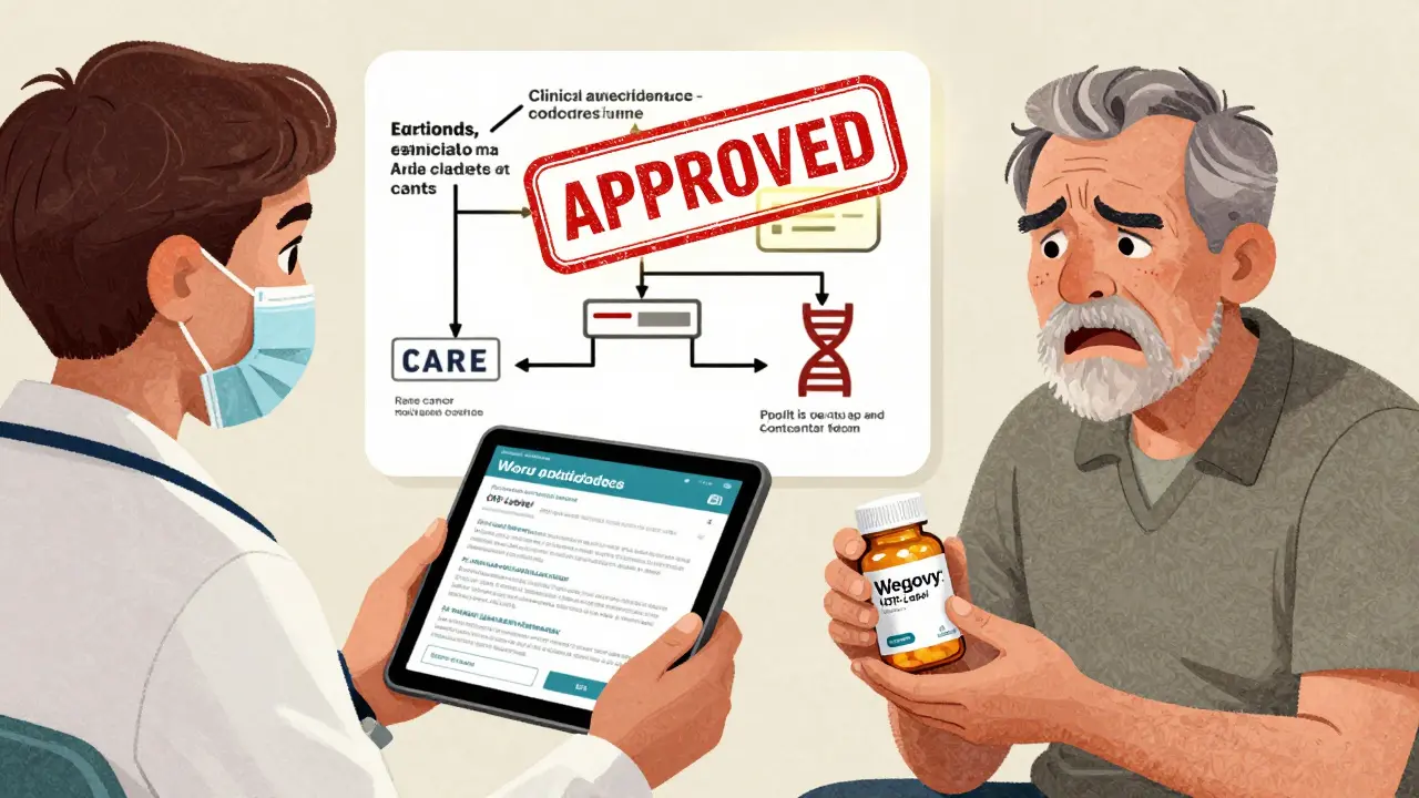 VA provider submitting prior authorization with approved stamp, while a branded drug bottle sits unused in corner.