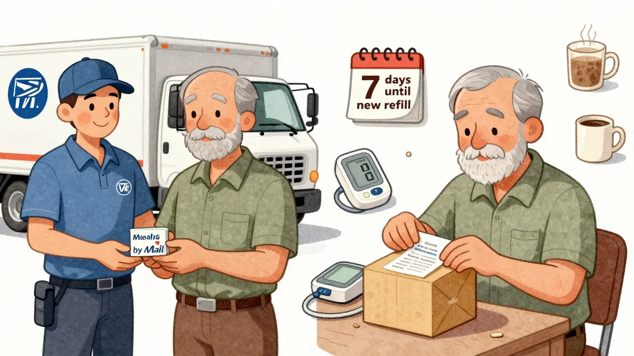 Veteran receiving Meds by Mail package at home, with health monitoring tools nearby in textured illustration.