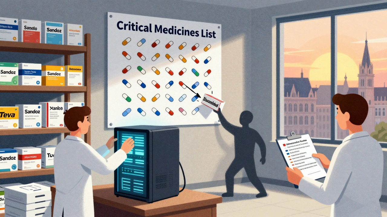 Warehouse scene with generic medicine boxes, a critical medicines list, and a worker uploading XML files for 2026 ePI compliance.