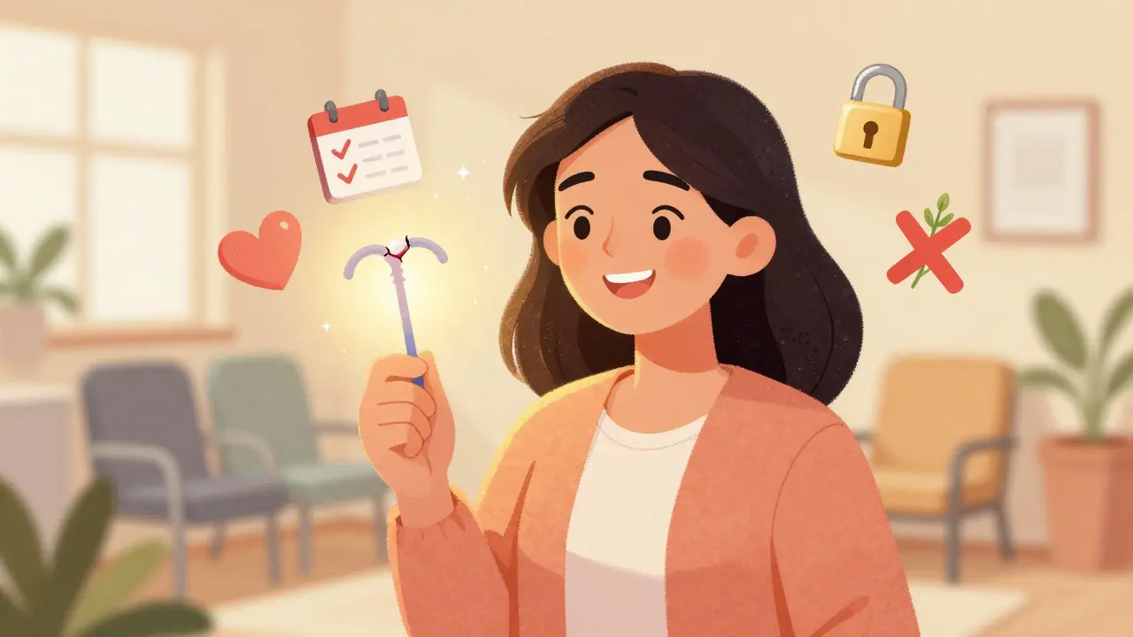 Woman holding an IUD and a pill, with the pill crumbling as the IUD glows, symbols of reliability and protection around her.