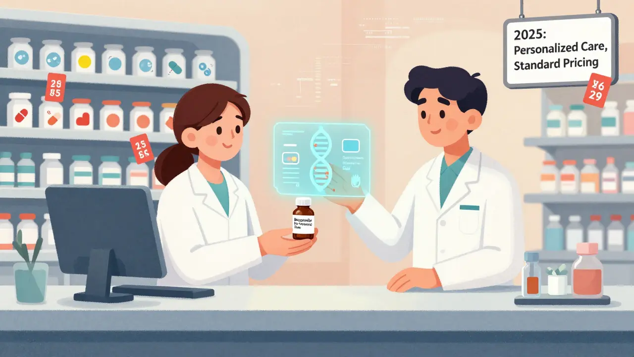 Worker receiving a biosimilar pill with a holographic gene map above, surrounded by low-cost generic drug icons.