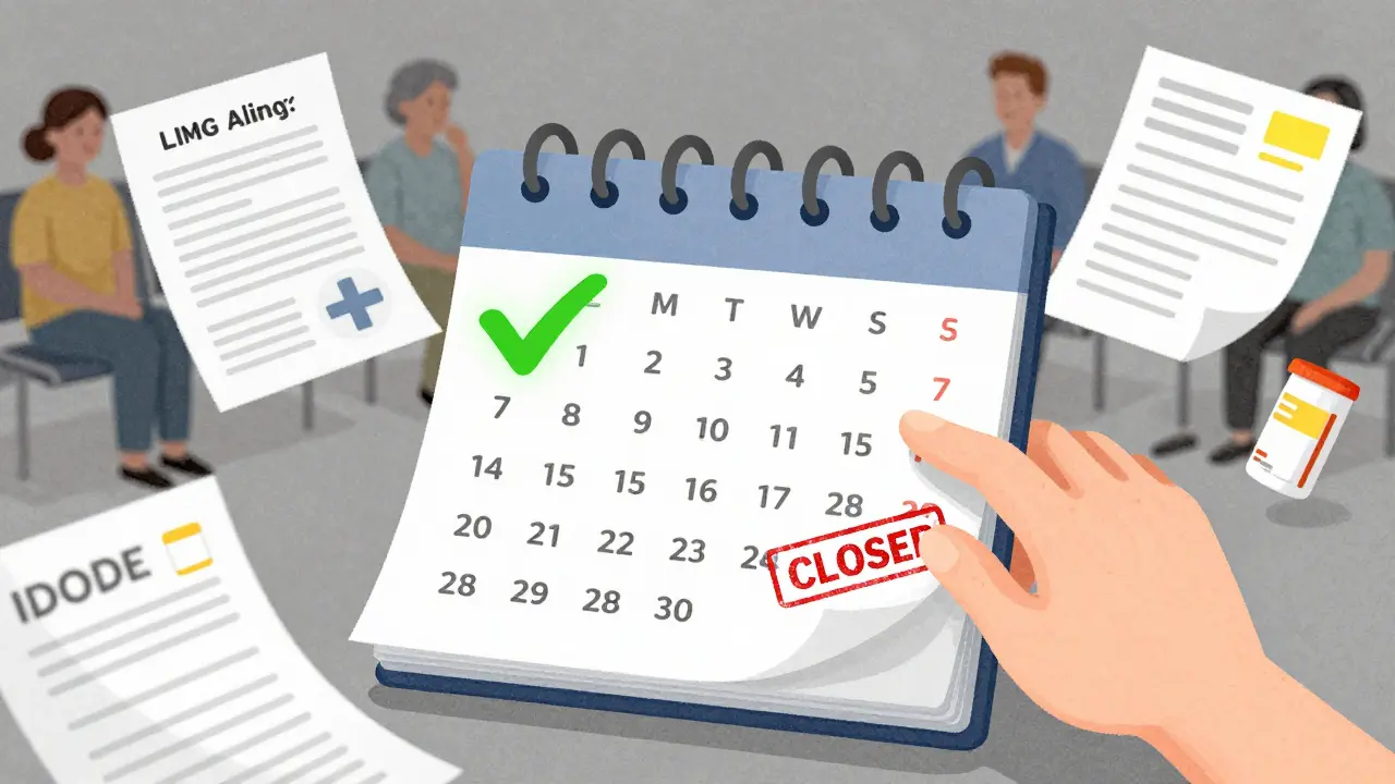 A calendar shows the critical first day of the month for applying to medication grants.