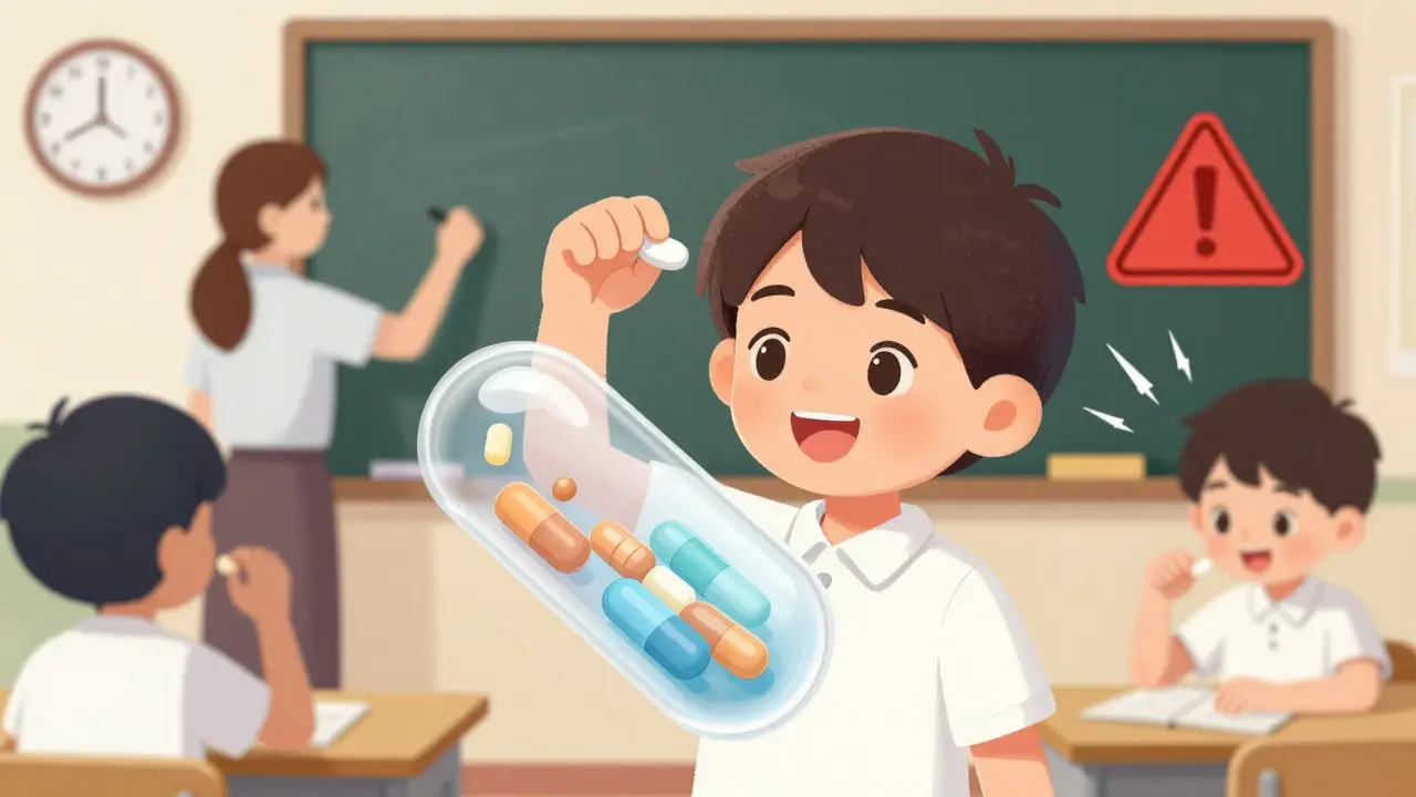 A child taking one morning pill that releases medication steadily through the school day, with a dangerous crushed pill in the background.