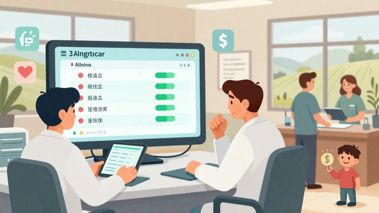 A digital dashboard shows AI suggesting generic drug swaps, with a pharmacist and physician reviewing patient data in a clinic setting.