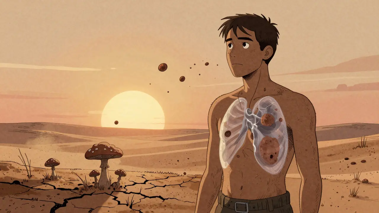 A figure in a dusty landscape inhaling fungal spores that form nodules in their lungs.