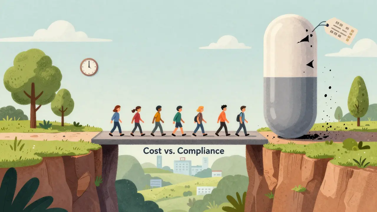 A giant generic pill bridge helping people cross from cost concerns to health, while a branded pill crumbles away.