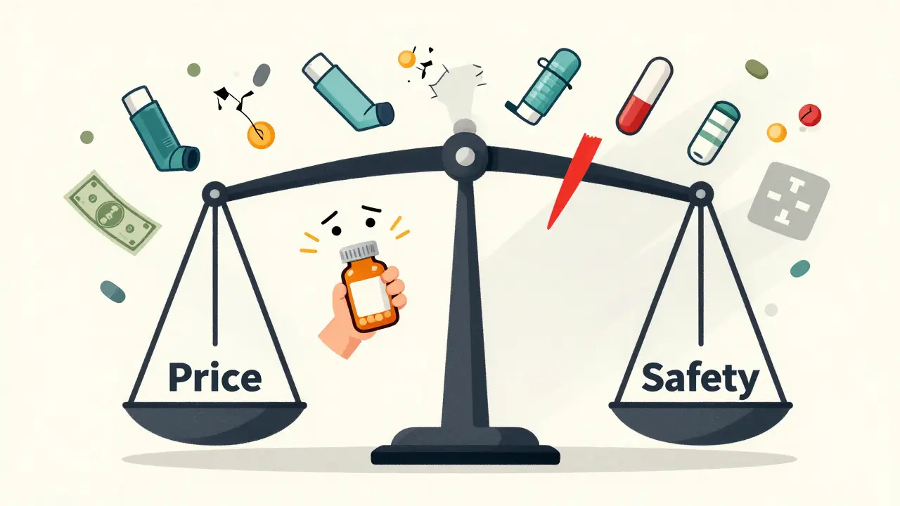 A patient holding a pill bottle surrounded by defective medication icons, with price and safety in conflict.