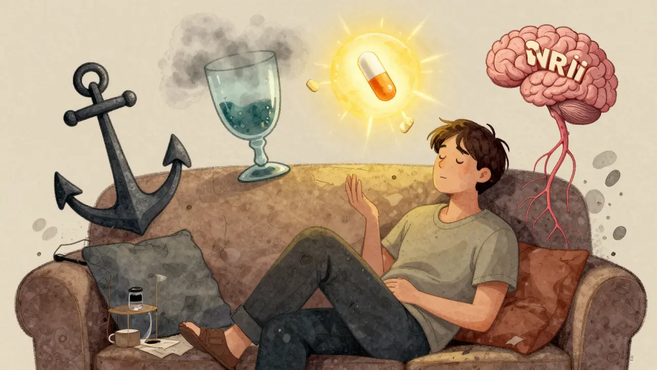A person on a couch with symbols of fatigue, brain fog, and pain being lifted by a glowing SNRI pill.
