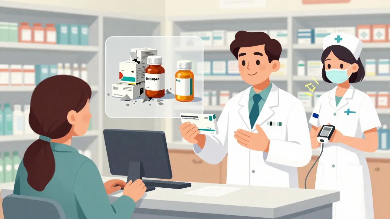 A pharmacist explains a generic medication to a patient, with a visual transformation from expensive brand drugs to a single affordable generic.