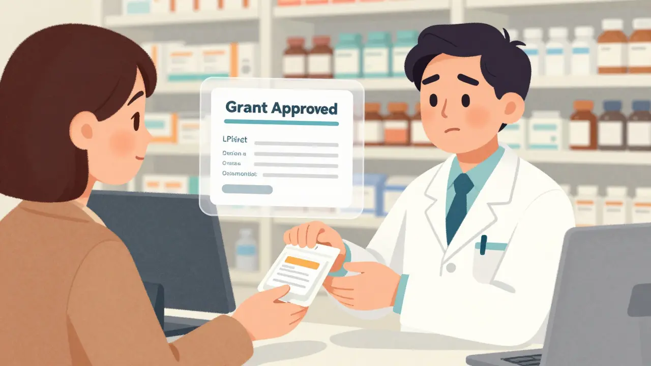 A pharmacist hands a prescription to a patient with a grant approval visible above them.