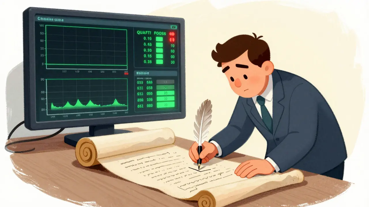 A Qualified Person signing a parchment scroll as digital test data glows behind them.