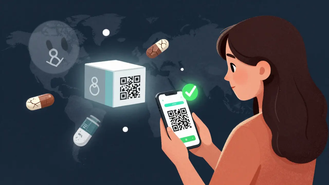 A woman scanning a medicine QR code with a green verification check, while ghostly fake pills float around her.