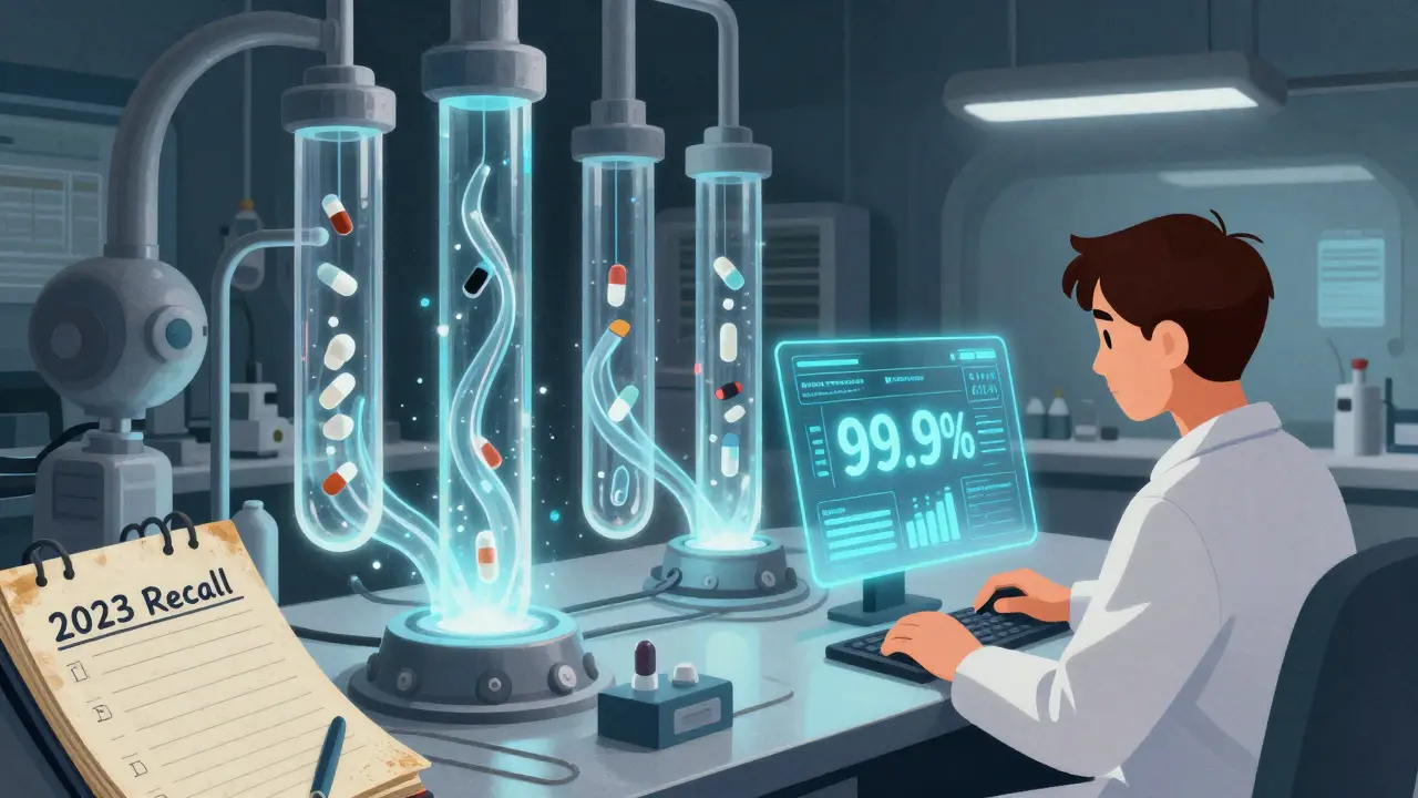 AI analyzing drug batches in real-time beside a human scientist, with an old recall logbook in shadow.
