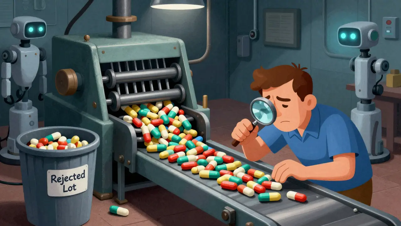 An aging factory press producing uneven pills, while a worker inspects them manually under dim light.