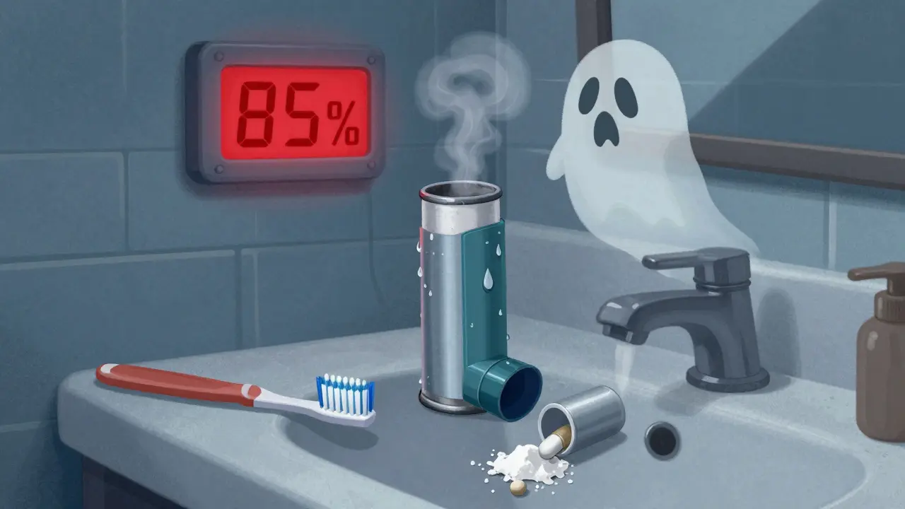 An inhaler in a humid bathroom with moisture droplets and clumped medication.