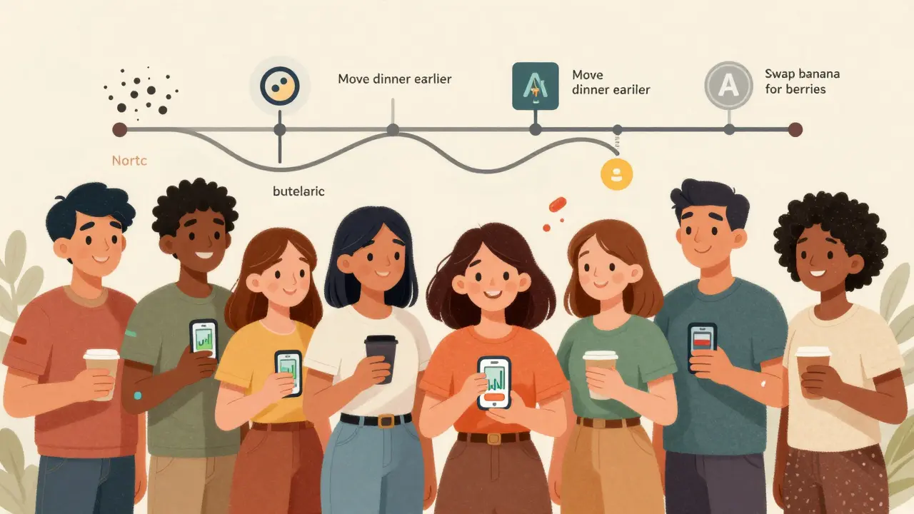 Diverse group of people reviewing CGM data together, with AI suggestions appearing on their screens.