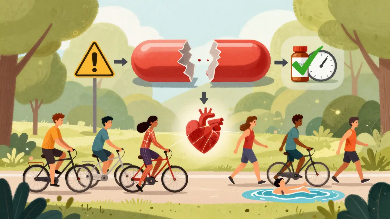 Diverse people exercising in park, glowing muscle-heart connections, broken statin pill splitting into two paths