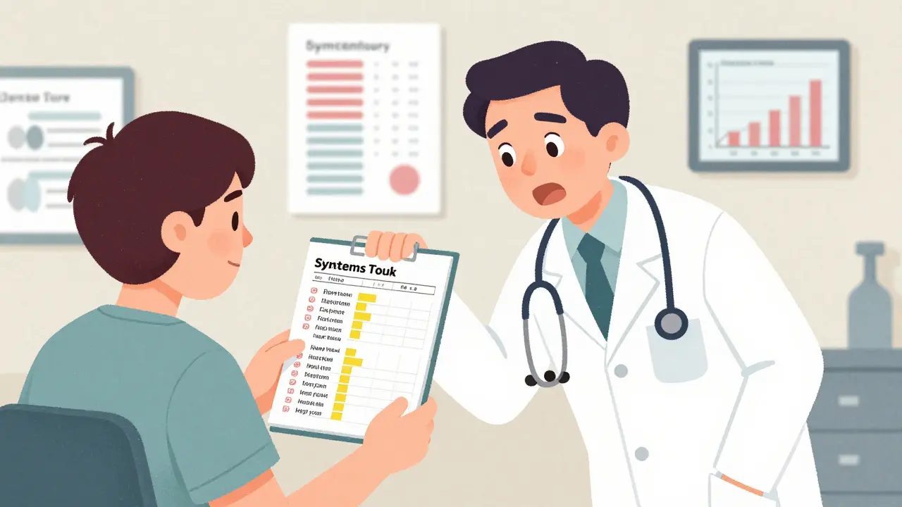Doctor and patient reviewing a detailed symptom diary in a clinic.