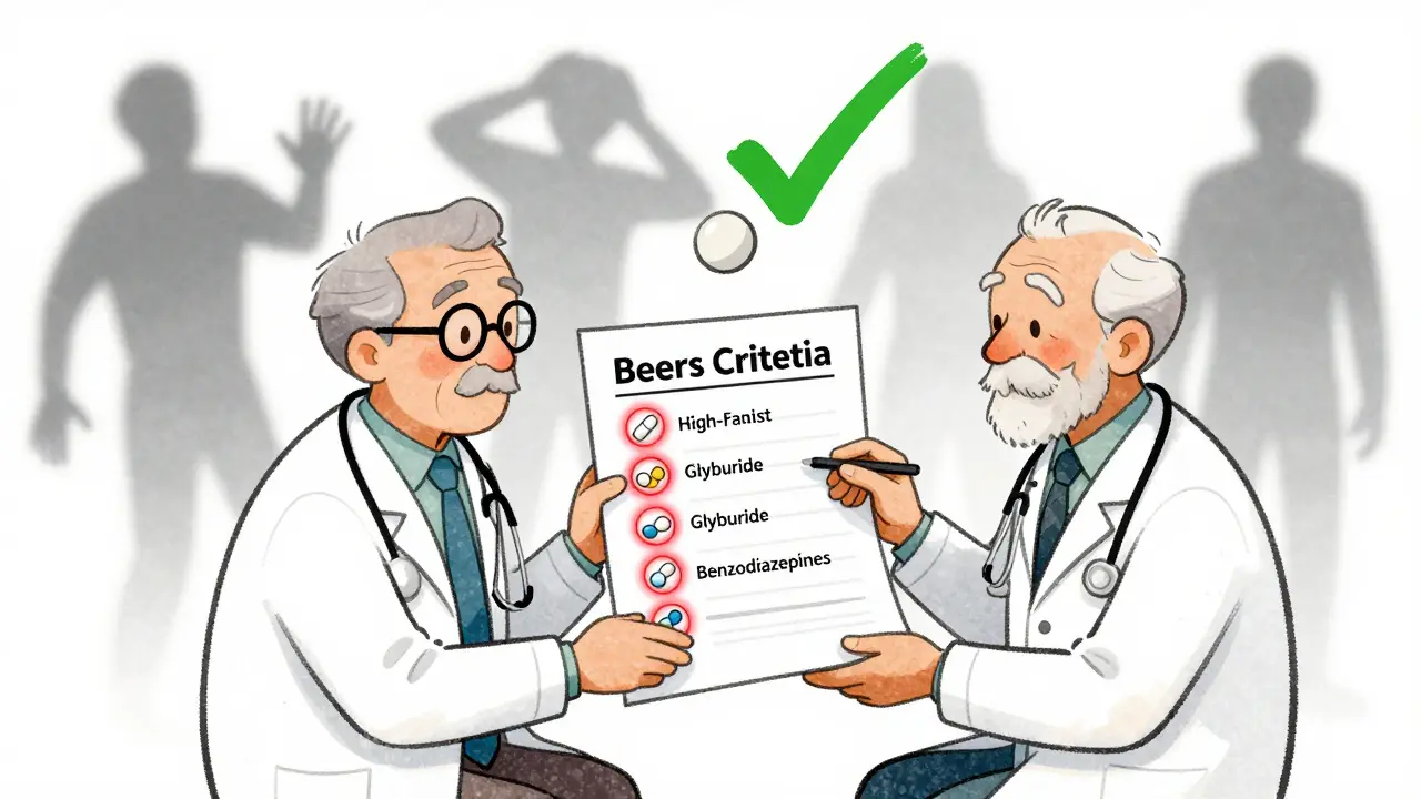 Doctor and senior reviewing Beers Criteria list, red circles over dangerous meds, green checkmark over one safe pill.