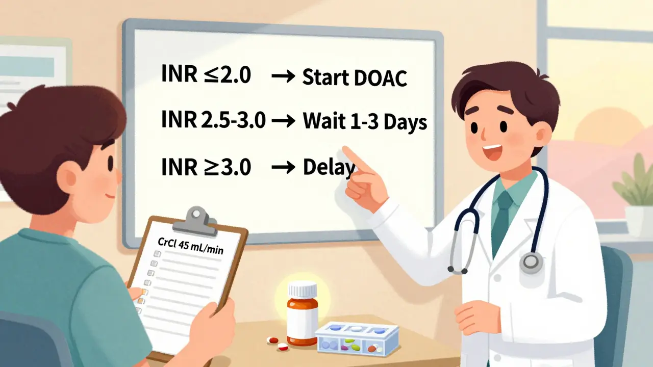 Doctor explaining DOAC switch timing based on INR levels and kidney function using a wall flowchart.