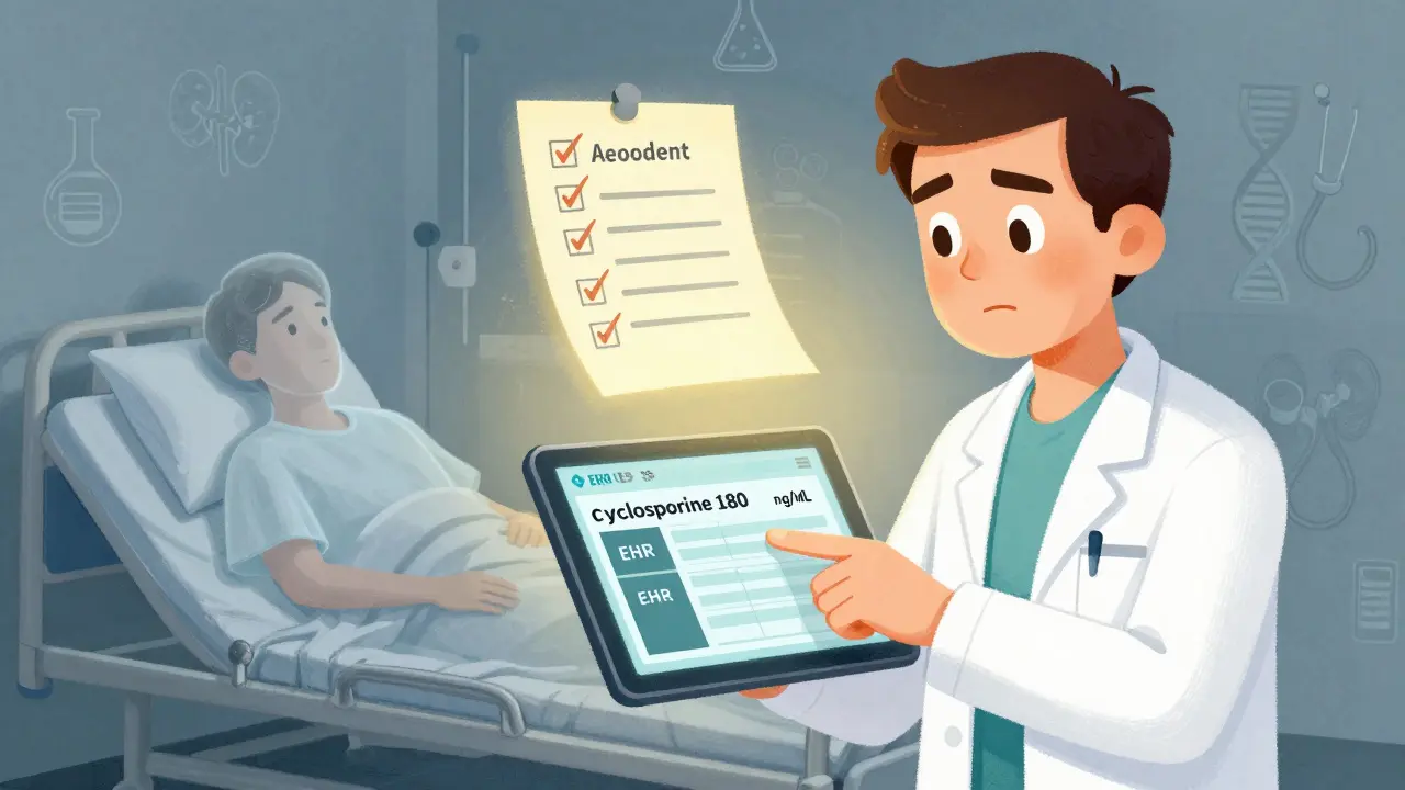 Doctor reviewing EHR alert for high cyclosporine level, ghostly patient image behind, verification steps floating nearby.