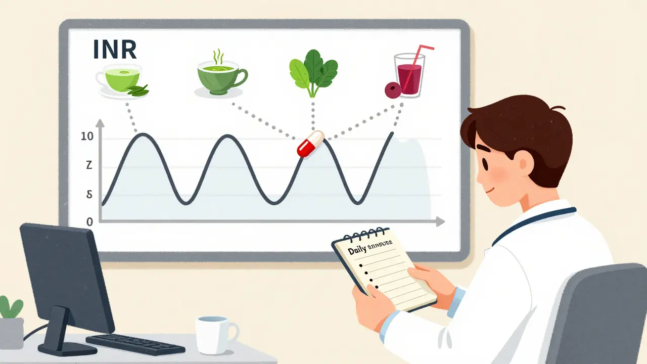 Doctor’s office with INR chart showing tea intake effects on blood clotting.