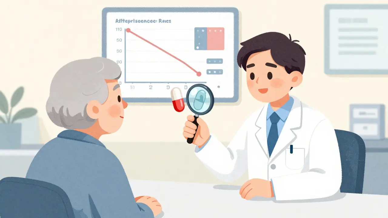 Doctor showing identical pills to an elderly patient under a magnifying glass, with adherence charts on the wall.