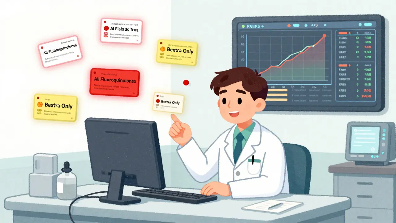 Doctor surrounded by floating drug labels with red and yellow safety alerts and data graphs.