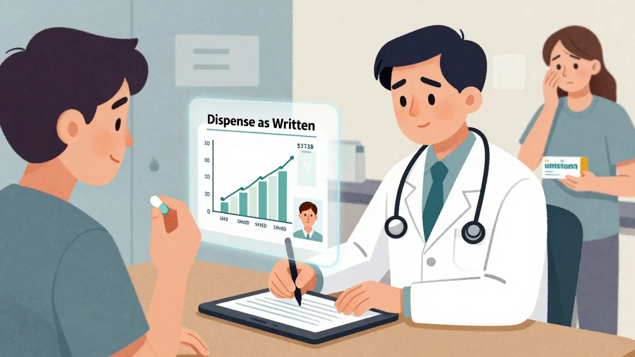 Doctor writing 'Dispense as Written' on tablet, with cost savings graph and patient profiles in background.
