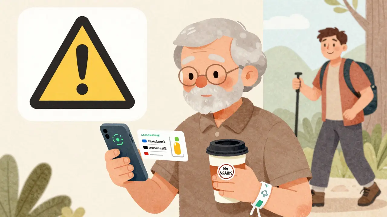 Elderly patient with medical alert card and pill reminder phone, avoiding NSAIDs for safer anticoagulation.