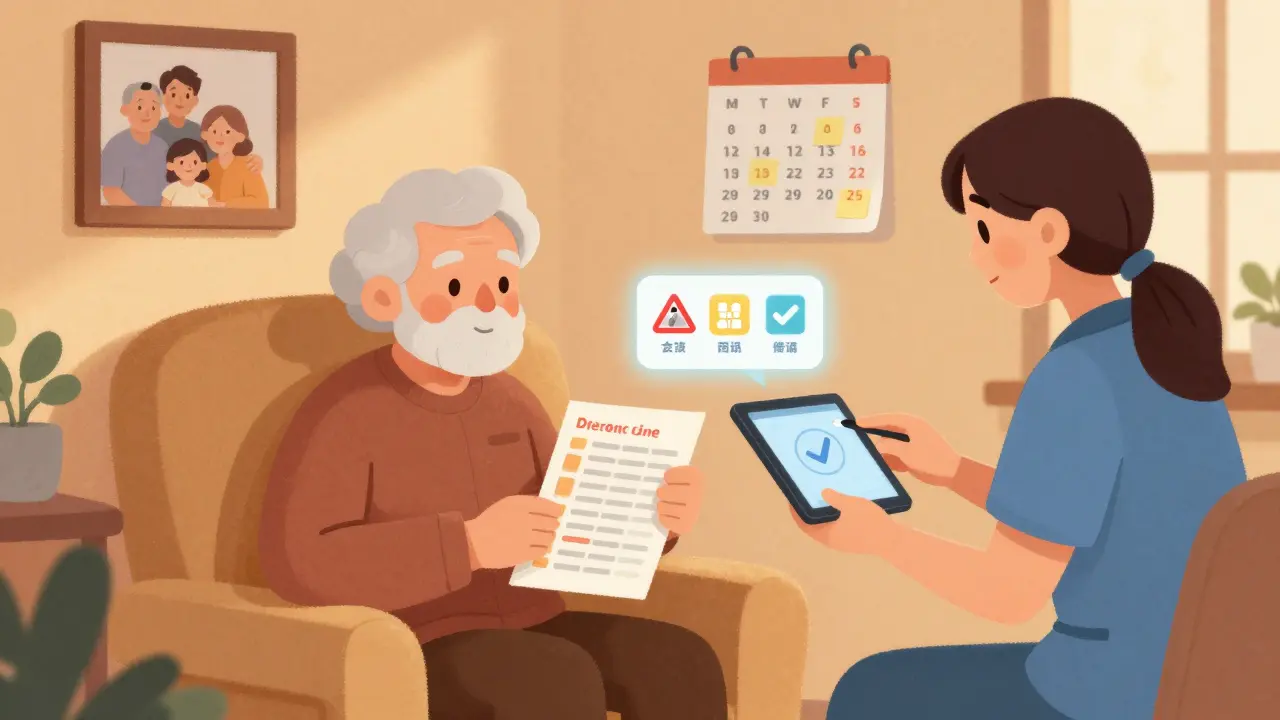 Elderly person and caregiver reviewing printed and digital medication schedules in a living room.