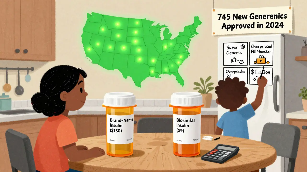 Family comparing insulin bottles with calculator showing ,200 saved annually.