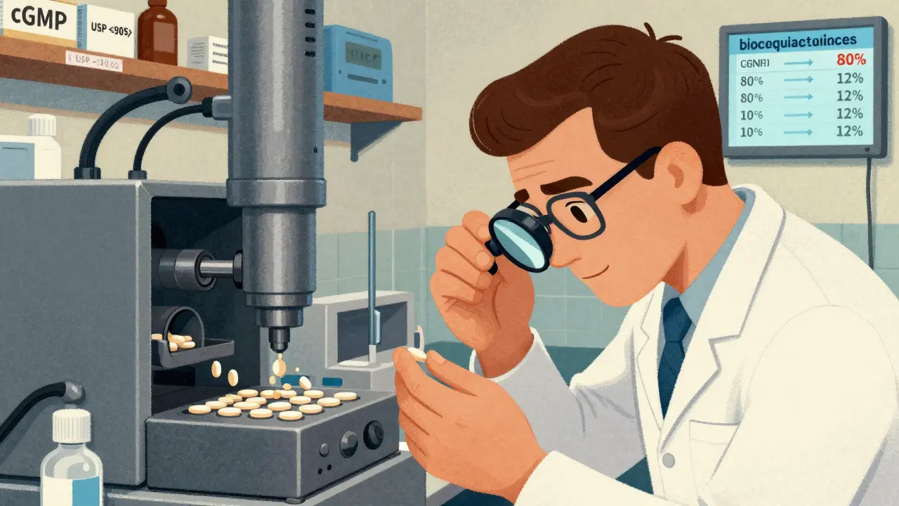 FDA inspector checking generic pill uniformity in a clean, labeled manufacturing facility.