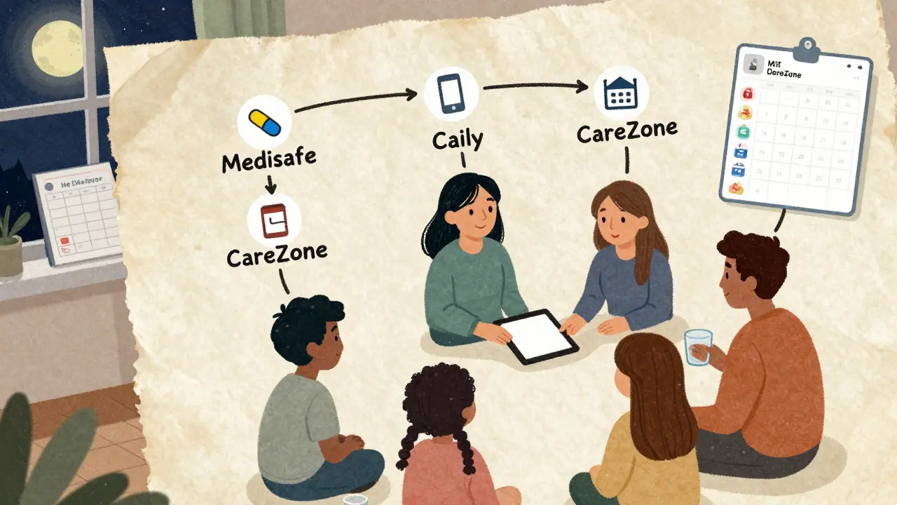 Hand-drawn flowchart of medication apps with family members passing a tablet in a cozy setting.