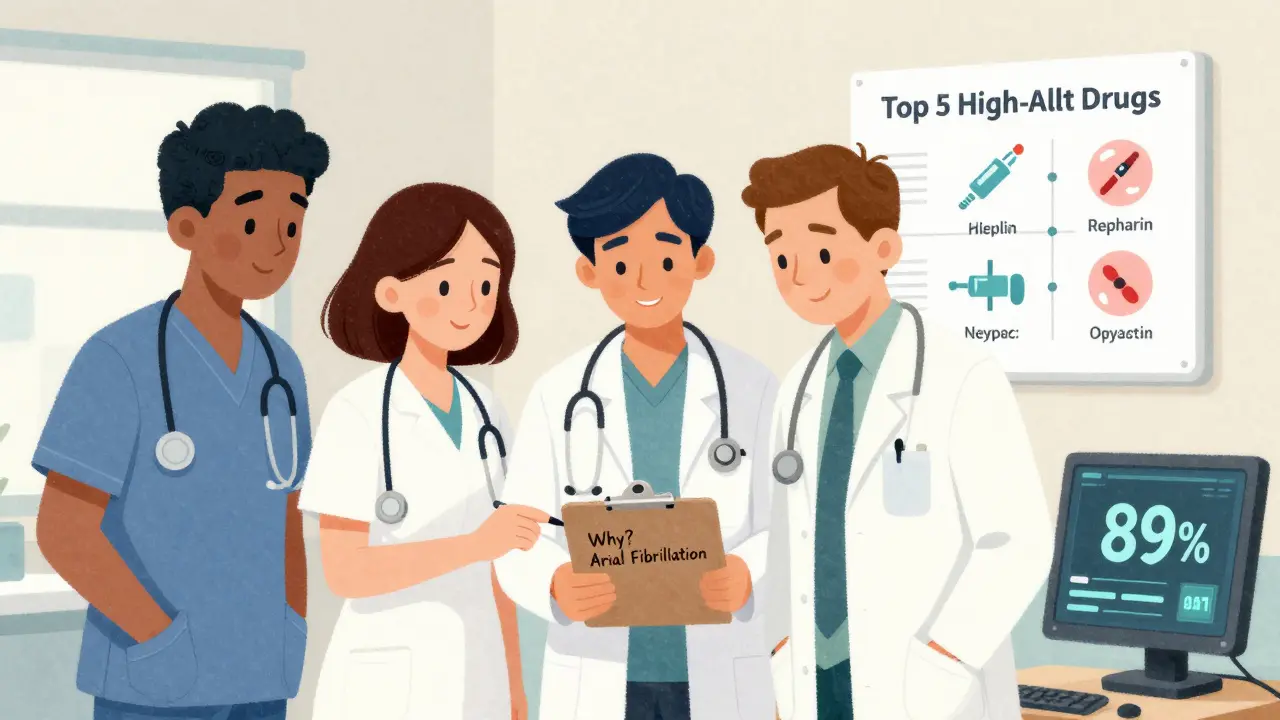 Healthcare team reviewing medication order with clinical reason noted, under AI safety indicator.