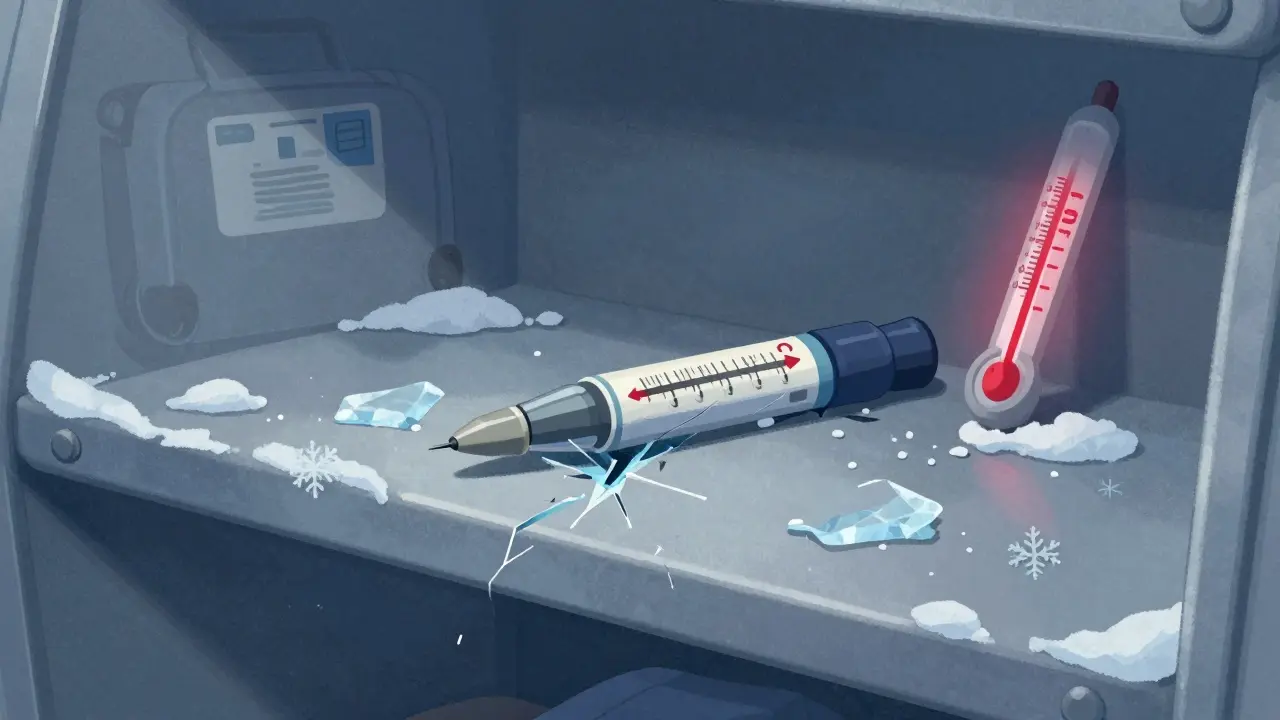 Insulin pen damaged by freezing temperatures in airplane cargo hold with snow and ice.