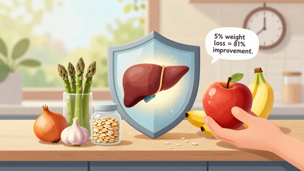 Kitchen counter with prebiotic foods forming a protective shield around a healthy liver, emphasizing whole foods over supplements.