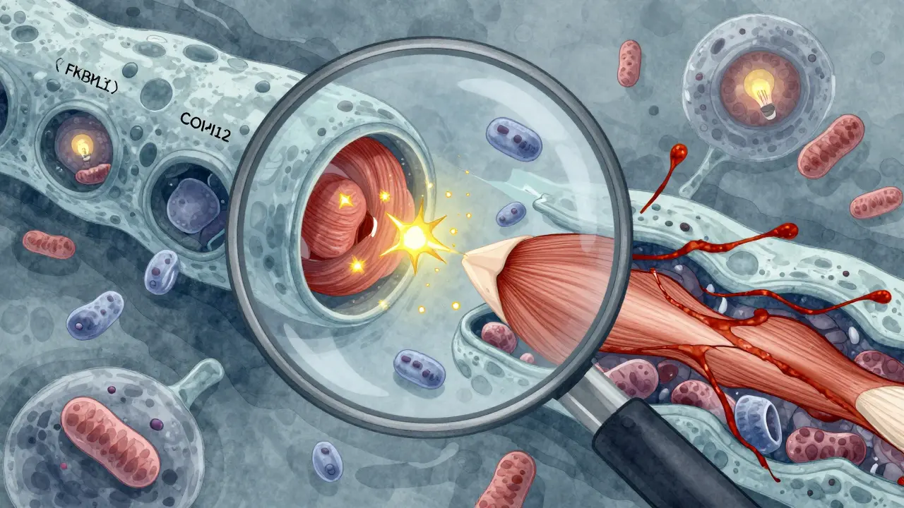 Magnified muscle cell with leaking calcium, drifting FKBP12, dimming mitochondria, and rust-like oxidative stress