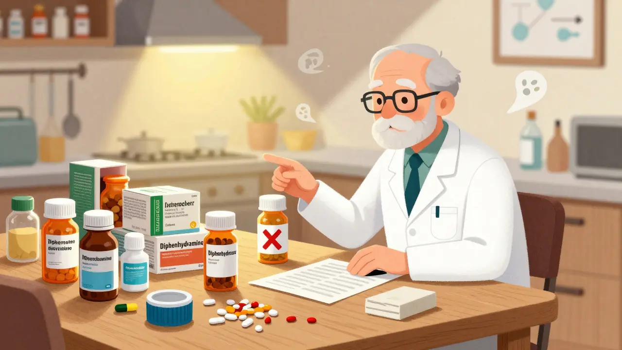 Older man at a kitchen table with numerous pill bottles and supplements, pharmacist pointing out a risky OTC drug.