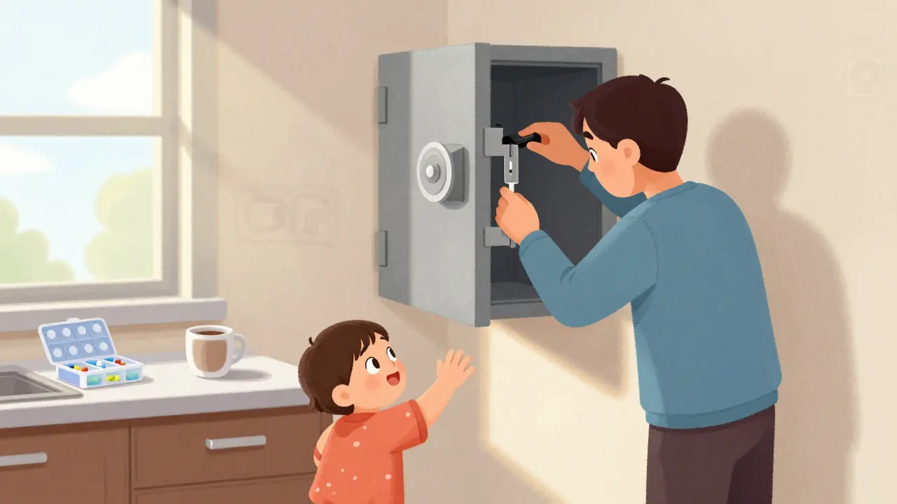 Parent locking a high-mounted medicine safe as a child reaches toward it across the room.