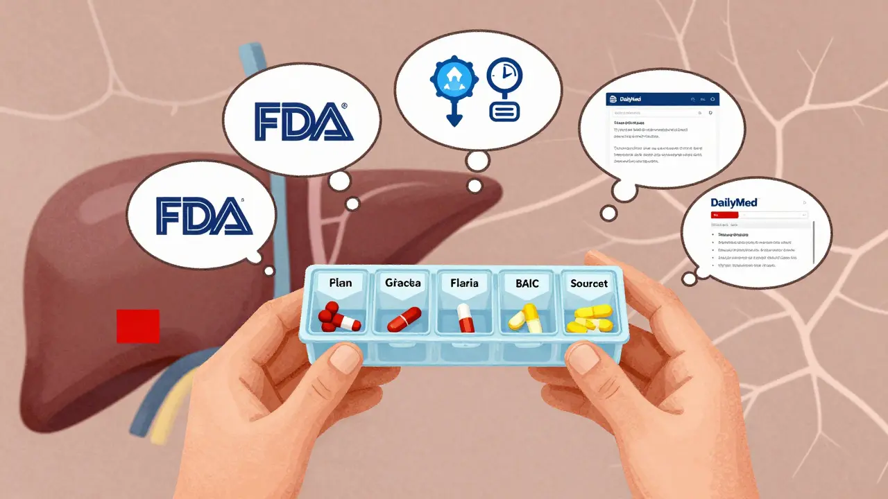 Patient holding pill organizer with thought bubbles showing FDA and DailyMed safety indicators.