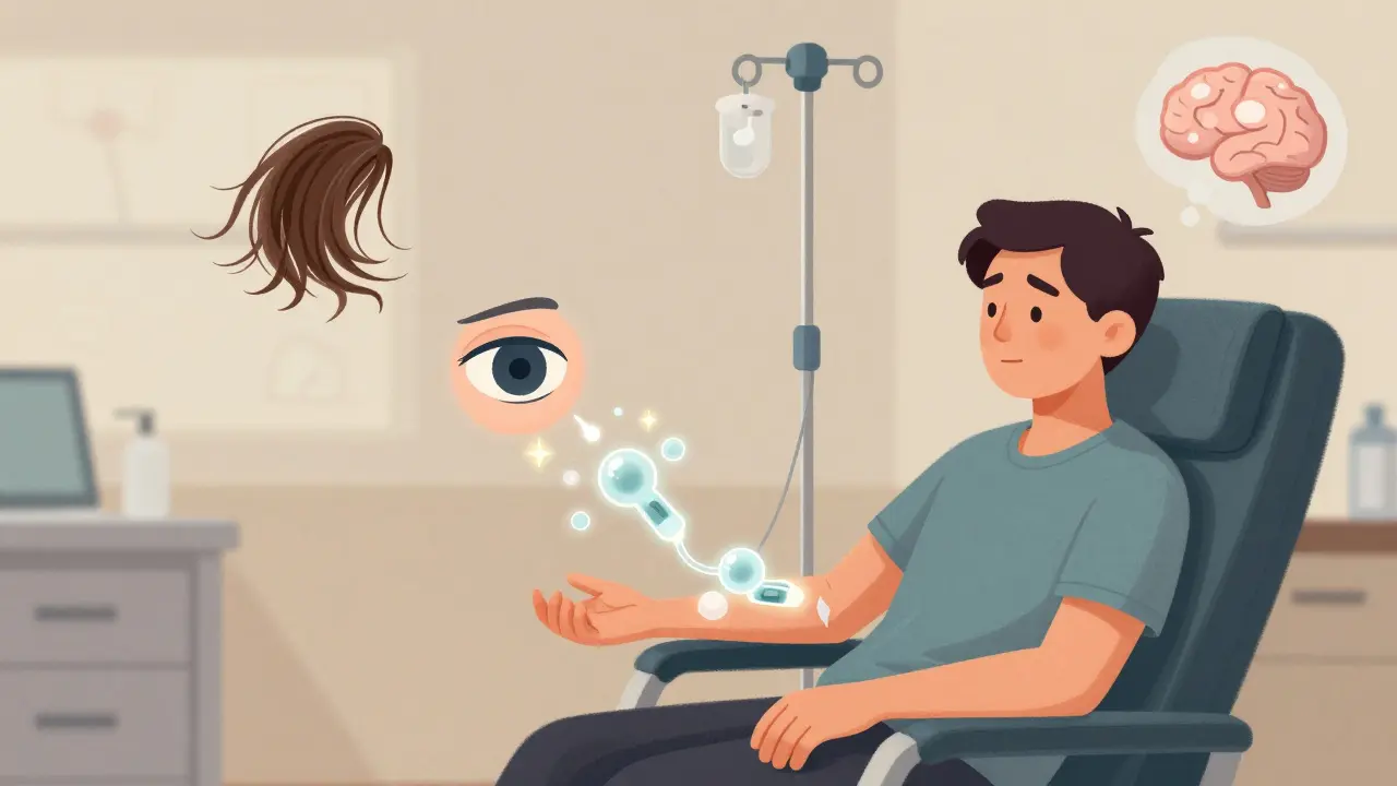Patient receiving IV chemotherapy with visual metaphors of side effects like hair loss, fatigue, and brain fog floating around.