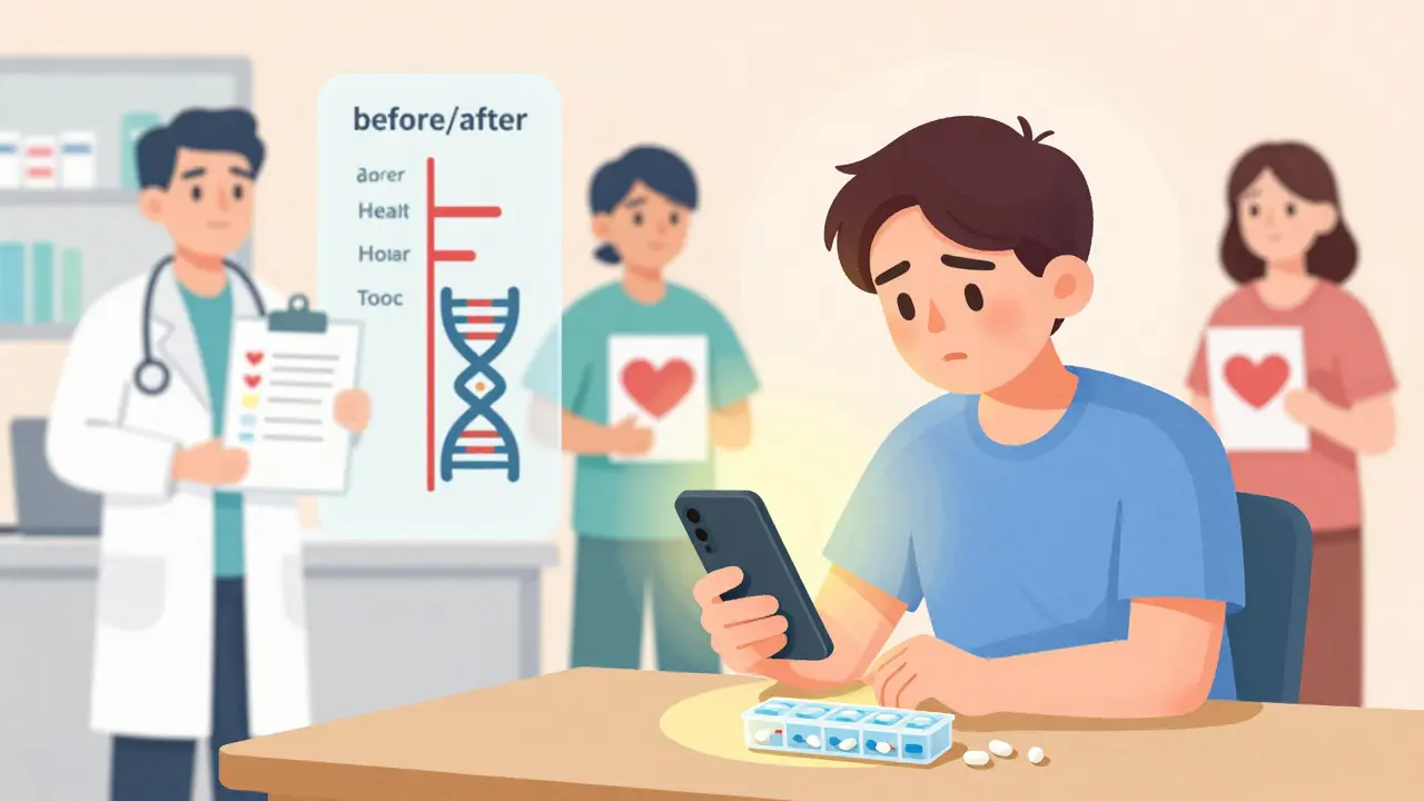 Patient using a pill organizer and phone alarms for oral chemotherapy, supported by a medical team in the background.